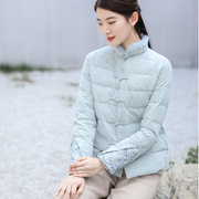 山有色冬季中式国风民族风蓝色短款上衣立领盘扣重工绣花羽绒服