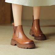 网红厚底切尔西靴子女真皮马丁短靴，秋冬季英伦，风棕色套筒女靴