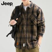 jeep吉普长袖衬衫男士，春季潮流美式工装寸衫纯棉格子衬衣外套男装