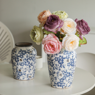 青花复古陶瓷花瓶客厅，插花高级感鲜花水培，绿植干花假花创意摆件