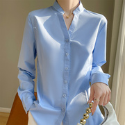 高货醋酸真丝衬衣女小立领长袖设计感小众法式桑蚕丝气质宽松衬衫