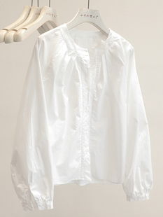 穿出高级感！2024春季韩版圆领单排扣长袖衬衫女白色纯棉衬衣