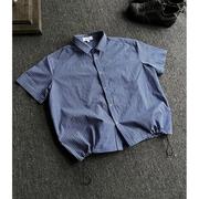 蓝色格子短袖衬衫男款夏季设计感抽绳格纹衬衣美式慵懒风防晒外套