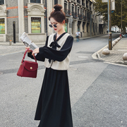 法式小香风套装裙女秋季茶系穿搭一整套马甲黑色连衣裙两件套