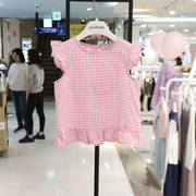 perimitz女童圆领格子衬衫24夏韩国儿童花边无袖上衣薄款T恤