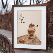 茶室装饰画茶楼背景墙四联禅意且慢，茶壶餐厅饭厅，日式新中式壁挂画