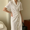 韩国chic夏季法式气质西装领侧边系带收腰显瘦短袖衬衫式连衣裙女