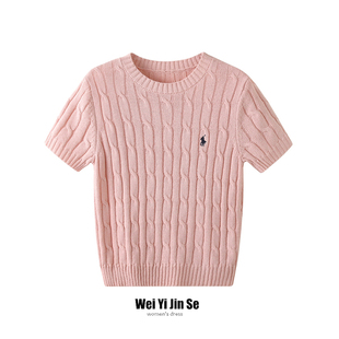 针织短袖女夏季圆领修身小马刺绣t恤学院风设计感打底衫粉色上衣