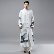 中国风棉麻复古长衫过膝雪纺假两件中式汉服长袍演出服打坐服茶服