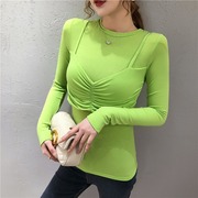 浅绿色假两件t恤长袖秋装薄款拼接吊带上衣韩版设计感纯色打底衫