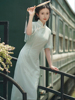 绿色雪纺绣花倒大袖旗袍2023夏季新中式国风年轻款少女连衣裙
