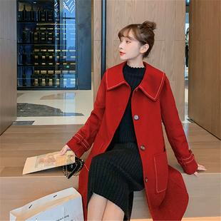 2023春季韩版高级感双面呢子，大衣女中长款甜美娃娃领红色毛呢外套