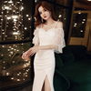 白色晚礼服网纱镂空名媛气质性感，吊带连衣裙灯笼袖开叉长款显瘦女