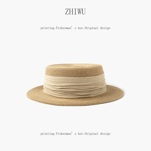 度假风优雅气质平顶草帽，女夏季海边旅游防晒遮阳帽法式礼帽太阳帽