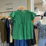 韩国东大门女装夏季法式独特小上衣甜美小飞袖衬衫荷叶边短款衬衣