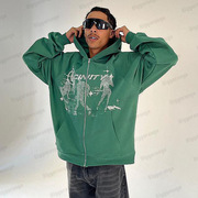 欧美hiphop绿色拉链卫衣男士个性街头原宿动漫印花hoodie长袖外套