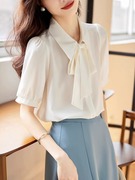 雪纺白色短袖飘带衬衫，女韩版气质优雅职业高级感简约百搭通勤上衣