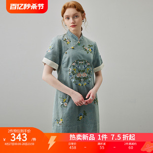 dfvc新中式国风牛仔连衣裙女2024夏季刺绣盘扣小个子旗袍裙子