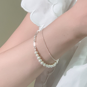 s925银手链女款手串方块链拼接珍珠手链轻奢小众精致手绳双层饰品