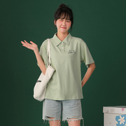 绿色polo衫女夏天日系学院风宽松纯棉学生翻领短袖t恤女上衣带领