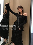 KUBERAS 法式复古小众设计师定制宽松显瘦层次感一字领长袖连衣裙