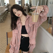 韩版粉色蕾丝长袖衬衫，女设计感小众别致宽松防晒衬衣潮