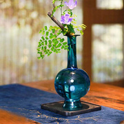 孔雀蓝新中式简约玻璃花瓶禅意琉璃花器插花净瓶家居客厅装饰摆件