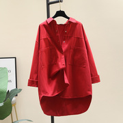 红色中长款加厚衬衫，女外套2023秋装宽松设计感衬衣长袖上衣潮