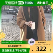 日本直邮junoah女士，外套大衣翻领中长款棕色，单排扣休闲长袖