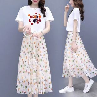 韩版时尚套装女夏季短袖T恤上衣+碎花雪纺半身裙子两件套女士潮