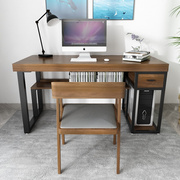 美式复古实木铁艺办公桌椅组合家用书房带书柜读书桌台式电脑桌