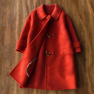 女童毛呢外套秋冬羊毛大衣，红色双面呢风衣，韩版长款新年服洋气冬装