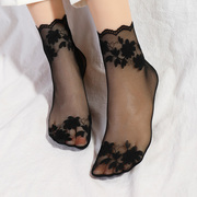 蕾丝短袜子女棉底薄款花边网纱短筒袜黑色纯色春秋季中筒袜
