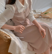 优雅气质衬衫裙韩国2024春季假两件拼色长袖连衣裙
