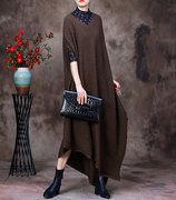不规则时尚连衣裙秋季个性原创气质V领大码欧美风羊毛针织裙