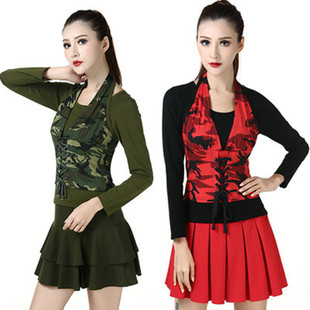 春夏水兵舞服装系带马甲假两件女长袖，红迷彩t恤广场舞绿迷演出服
