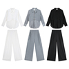中式拼接假两件长袖雪纺，衬衫灰色型高腰，休闲裤套装