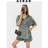 ACRAB女装 薄做旧牛仔短袖单排扣外套+松紧短裤套装
