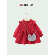 英国NEXT JIA婴儿春秋款女童长袖裙衫小童装宝宝打底裙红色拜年服