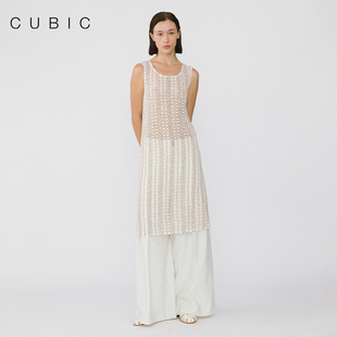 cubic慵懒感叠穿圆领，无袖宽松镂空编织针织背心连衣裙
