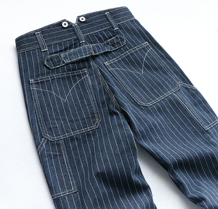 背带裤条纹牛仔裤男士，欧美咔叽风格日系宽松版，直筒牛仔长裤