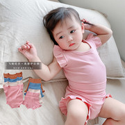 韩国新生婴儿连体哈衣夏女宝宝木，耳边背心包屁衣高腰护肚短裤套装