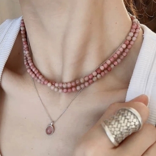 小众设计粉色天然石串珠项链女气质百搭长款叠戴vintage锁骨链