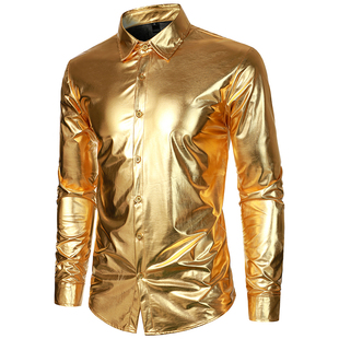 欧美大码宽松胖人可穿演出表演舞台，金银色(金银色，)衬衣男亮面个性长袖衬衫