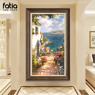 地中海风景玄关装饰画欧式美式挂画手绘油画走廊，过道墙面客厅壁画