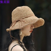 草帽女夏天太阳帽大沿可折叠卷边遮阳帽，出游沙滩帽蝴蝶结休闲凉帽