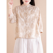 中国风小立领衬衫，女春季复古文艺提花新中式，宽松休闲长袖上衣