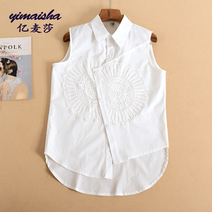 新疆棉春夏季白色衬衫女蕾丝拼接不规则衬衣上衣无袖打底衫