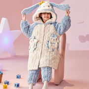 女童睡衣2023冬款三层，夹棉儿童睡袍，珊瑚绒加厚大童女孩家居服