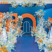蓝橙色婚礼花艺 舞台背景t台装饰菱形路引婚庆现场布置地排花道具
